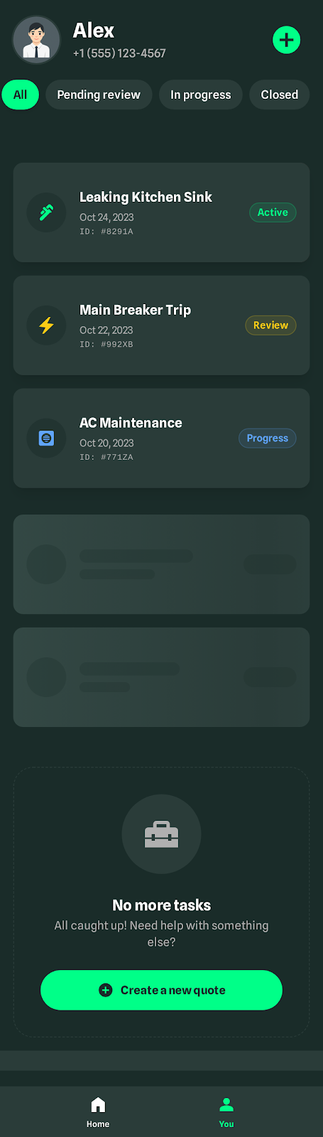 Mantuu app tasks dashboard showing active and completed home repair jobs