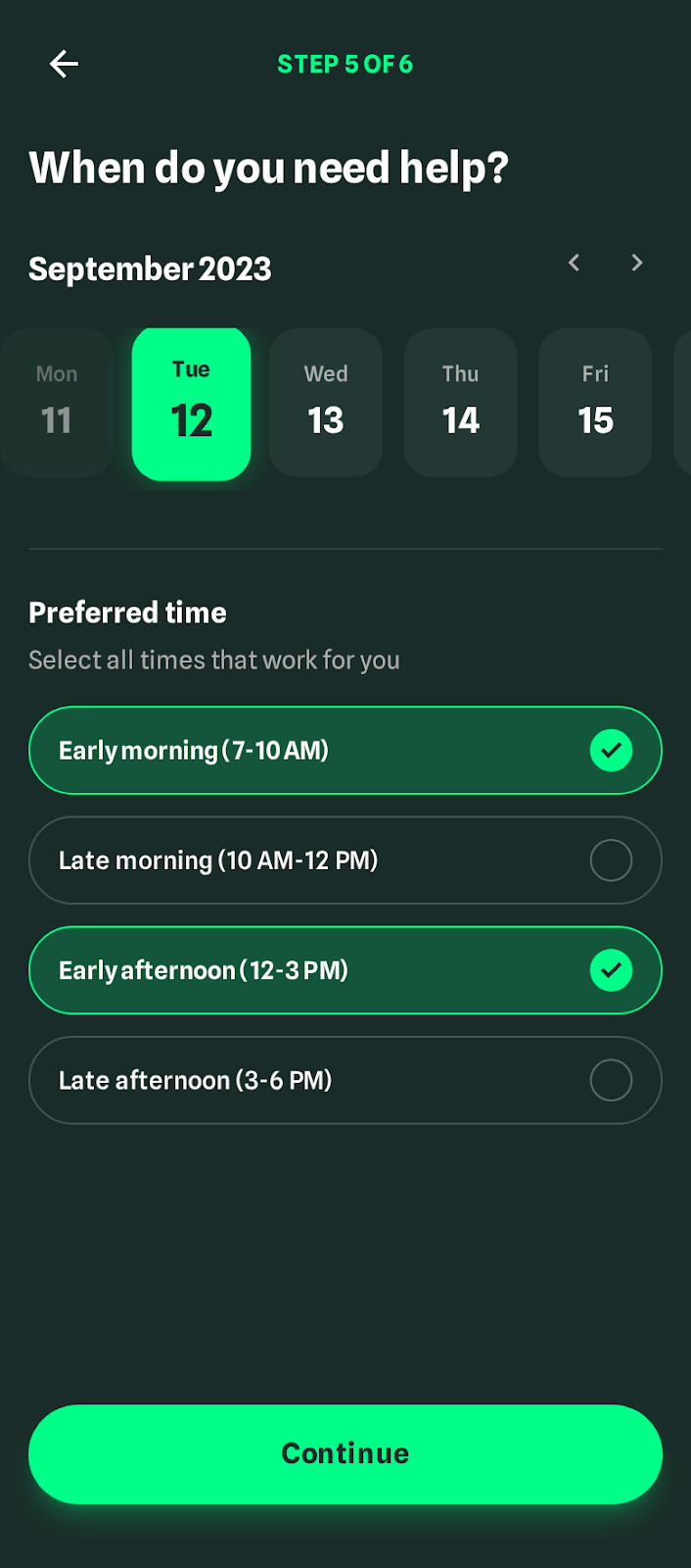 Mantuu app scheduling view with available appointment time slots