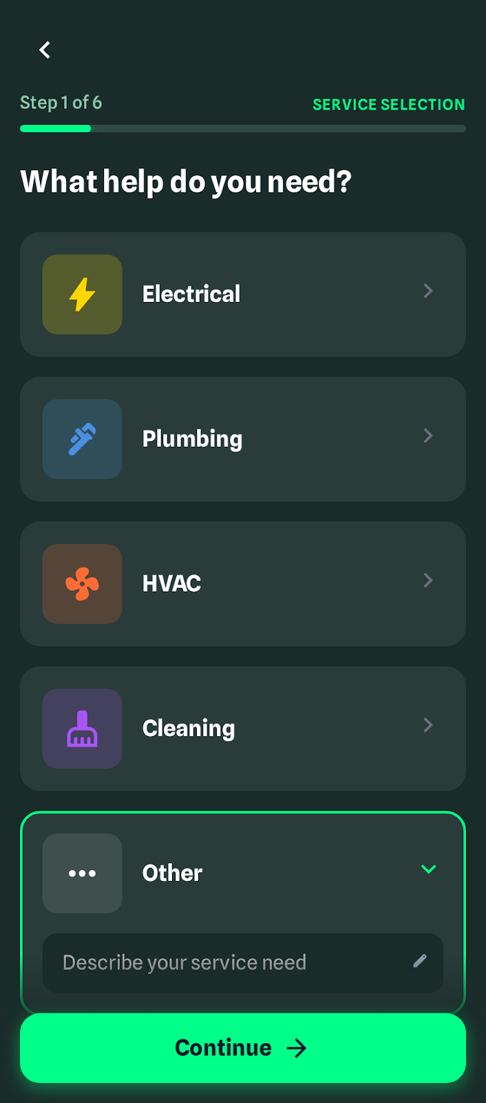 Mantuu app service selection screen for choosing electrical, plumbing, or HVAC work