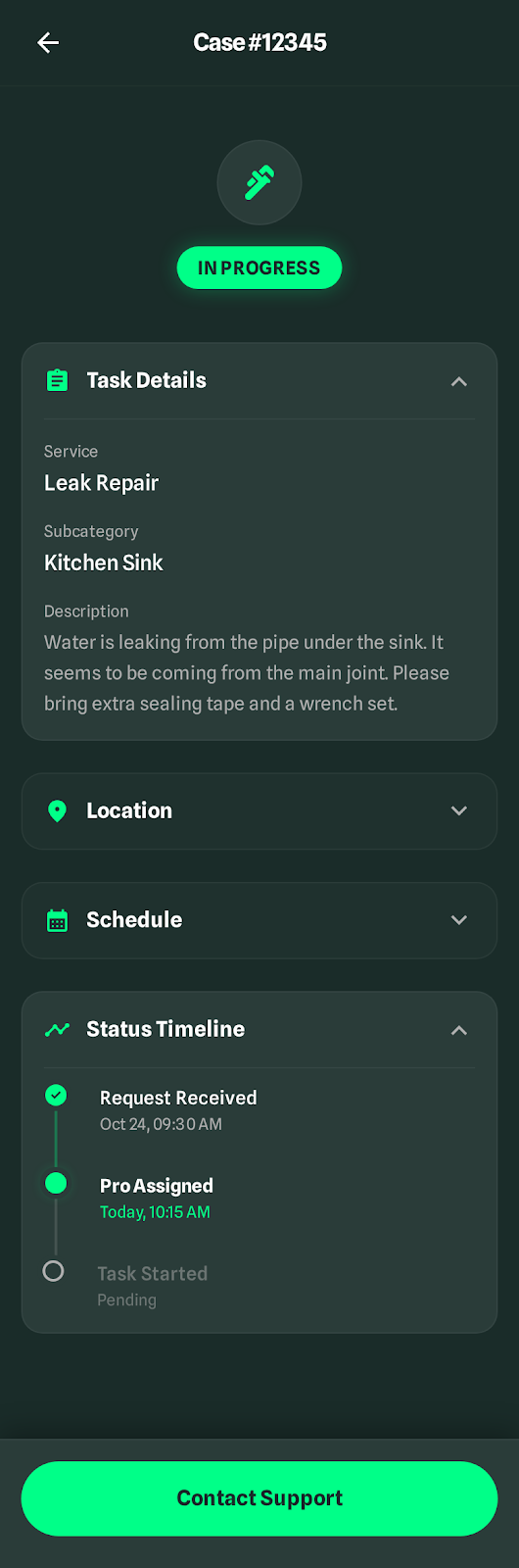 Mantuu app task detail view with status timeline and updates