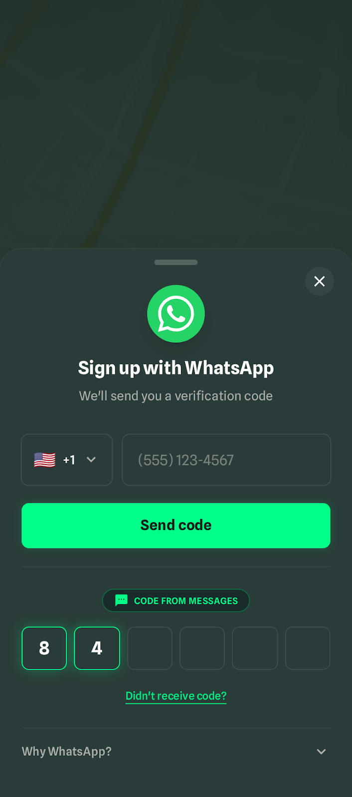 Mantuu app WhatsApp sign-in overlay for account access and updates